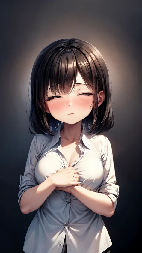 （（super high quality,Ultra-high resolution,16k,super masterpiece,Ultra HD ,Detailed shading,））Upper body front view,Sexy Girl,Naked with a white shirt unbuttoned to the second button,Folded sleeves,The lower half is naked,Embarrassing,blush,