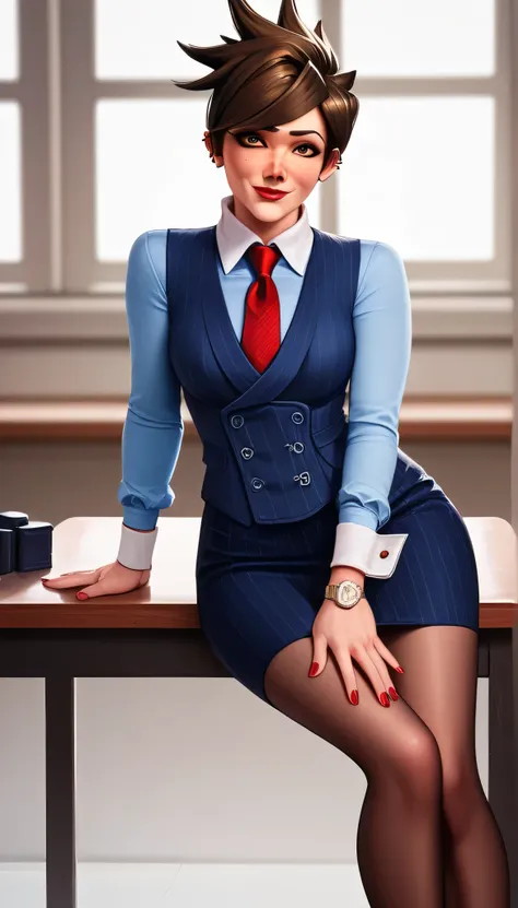 score_9, score_8_up, score_7_up, score_6_up, source_anime,  three-piece suit, tracer, 1girl, solo, brown hair, short hair, freckles, smile, pretty, formal, jewelry, earrings, shirt, sitting on desk, high heels, window, watch, wristwatch, red lips, ((navy p...