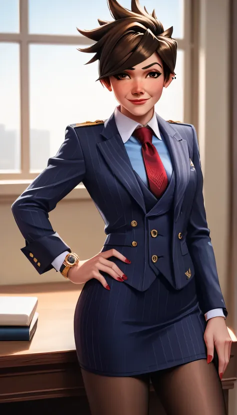 score_9, score_8_up, score_7_up, score_6_up, source_anime,  three-piece suit, tracer, 1girl, solo, brown hair, short hair, freckles, smile, pretty, formal, jewelry, navy pinstripe suit, red silk necktie, earrings, jacket, shirt, standing, hand on hip, wind...