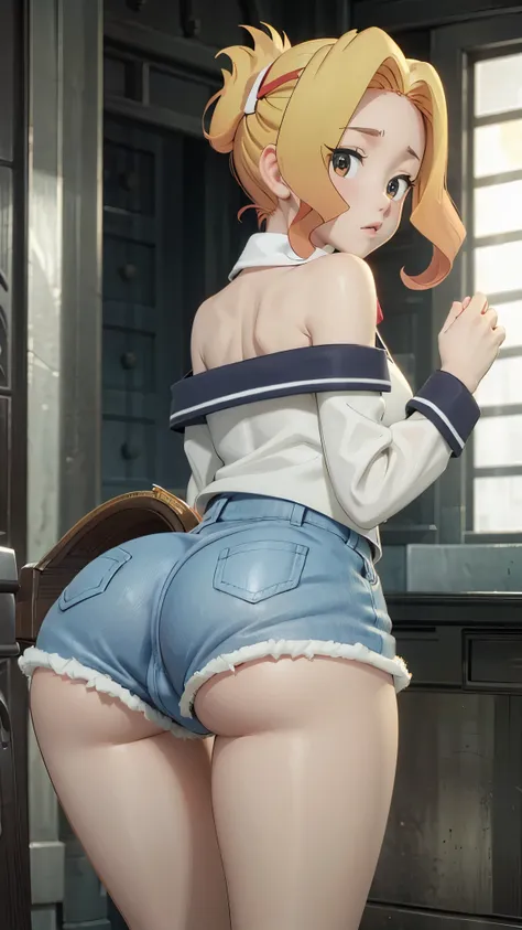 1girl, blonde hair, ((thick thighs)), ((tight shorts)), (blue shorts), (bike shorts), (looking back), ((from behind), (camel toe), scared, close up, bottom view, ((ass Infront of viewer)), (big ass), (pussy), ((huge ass)