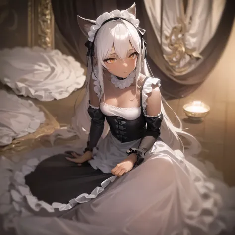 anime,chocolate dark-skinned female,cat ears wearing a maid outfit, Eye color is amber ,Background inside the mansion,The composition is stylish. A close-up, low-angle view of a young maid kneeling on the floor, looking directly into the camera with a soft...