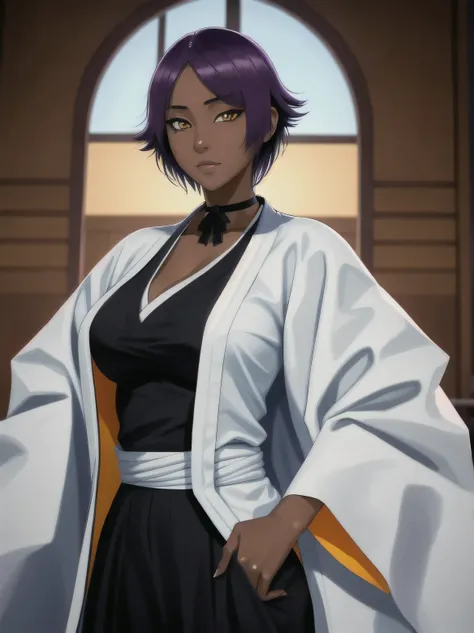 masterpiece, hd quality, high quality, highres shihouin yoruichi,  black shirt, black kimono, open white coat, black hakama, 1gi...