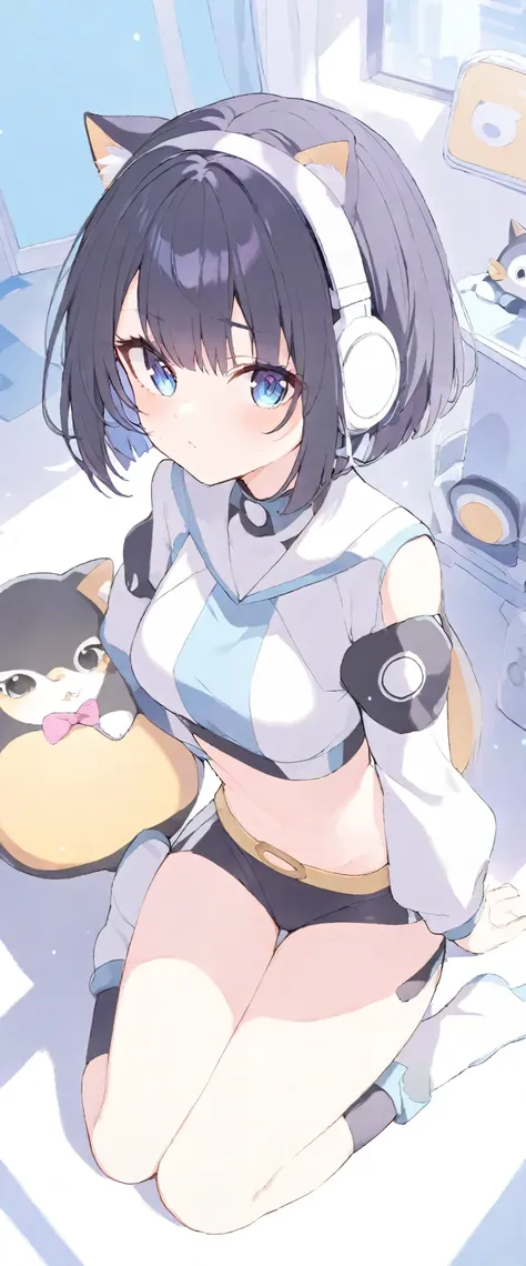 Black hair,Pixie bob haircut,Blue light eye,White headphone cat,pinguin outfit,Black short hot pants, full body, room background