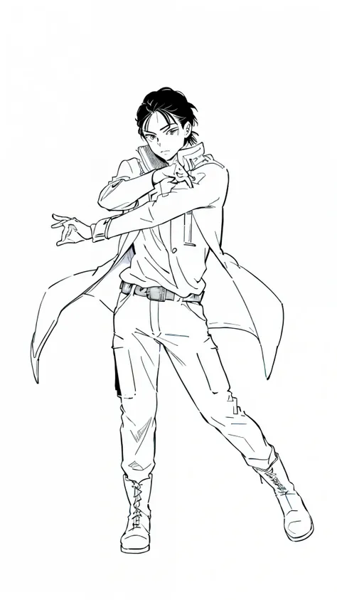 (masterpiece, highest quality:1.1), (a drawing of a man in a jacket short hand, baggy cargo pants with a belt and wearing high-sole boots:1.4), handsome anime pose, masculine pose, anime pose, full body drawing, sharp lineart, kentaro miura manga style, cl...