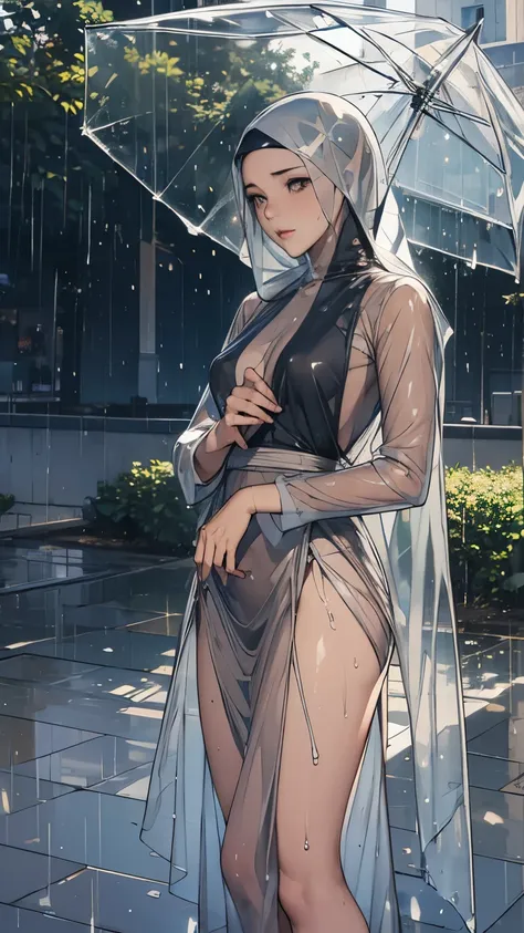 masterpiece, hyper-realistic, wet hijab, wet long shirt, wet long skirt, (transparent:1.4), rain, girl