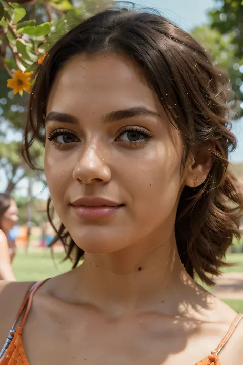 a woman, at the park, sunny day, orange sundress, RAW, UHD, 8K, (closeup:1.1), head, highly detailed face, stunning eyes