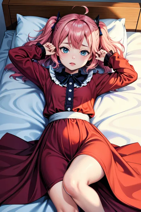 1 Little anime style girl on a bed dressed very provocatively
