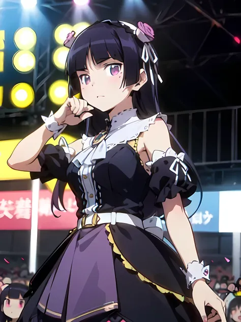 (ruri gokou),  1 female, Alone, Black Hair, Hime cut, Long Hair, Hairbands, Japanese idol costumes, Colorful idol dress, concert、A large crowd