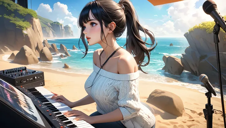 Best Quality, 8k, Surreal, Realistic, Physically Based Rendering, Beautiful girl on outdoor live stage at the beach, Detailed eyes and face, Dark Eyes, Black hair ponytail, Long eyelashes, Large Breasts, White off-the-shoulder summer knit, Singing while pl...