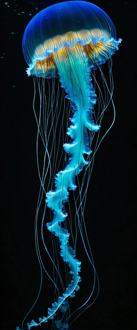 In the pitch-black sea、A scene of a beautiful electric jellyfish swimming silently。There are no other living things around、Only the soft light of electric jellyfish illuminates the depths of the ocean。The tentacles of the jellyfish sway gracefully、While em...