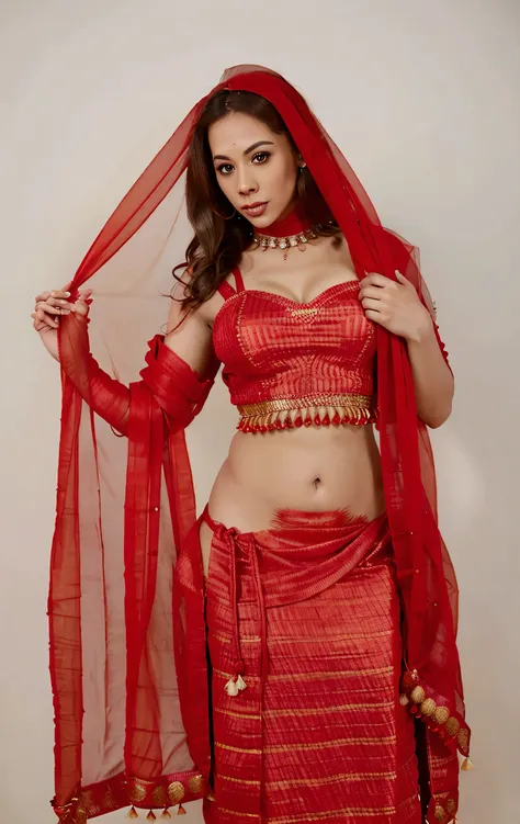 chanel preston in a red outfit and red scarf, very beautiful enga style, indian style, high quality theatre costume, indian dres...