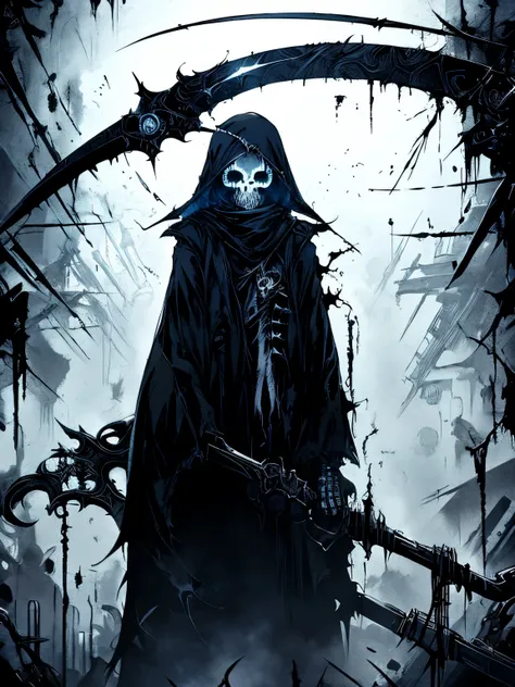 cyberpunk style grim reaper, black and white graffiti illustration red blood spattered, have a scythe , glowing eyes,