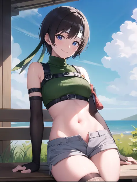 yuffiekisaragi, Yuffie Kisaragi,Haircuts, pixie cut,
crop top, fingerless gloves, fishnet Thighhighs, fishnet, forehead protector, gloves, head band, belly button, short shorts, shorts, single sleeve, single thigh high, No sleeve, No sleeve turtleneck, Thi...