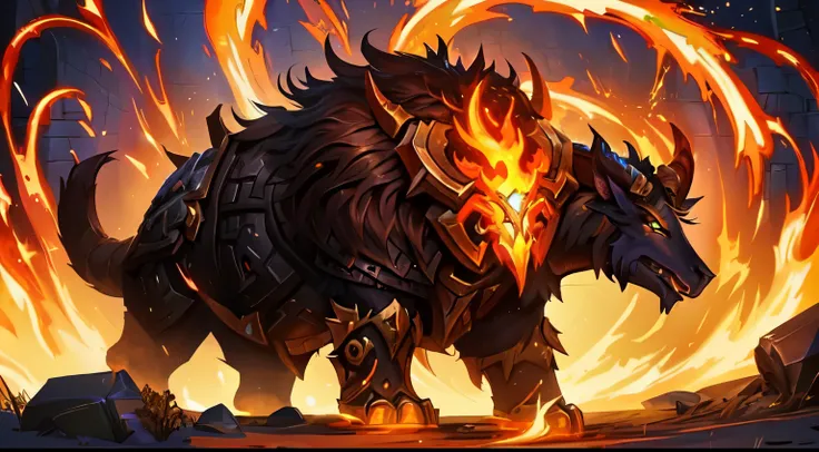 there is a big animal standing in the fire, world of warcraft art style, arte inicial de Hearthstone, fantasy home stone art style, arte de carta hearthstone, in home stone art style, arte oficial do hearthstone, home stone art, arte do jogo de cartas hear...