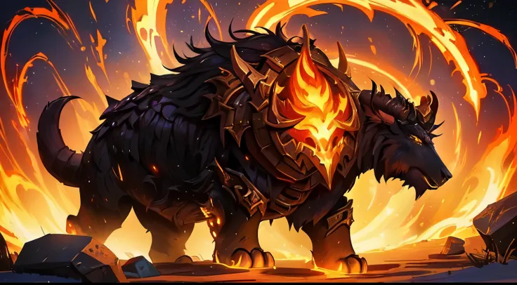 there is a big animal standing in the fire, world of warcraft art style, arte inicial de Hearthstone, fantasy home stone art style, arte de carta hearthstone, in home stone art style, arte oficial do hearthstone, home stone art, arte do jogo de cartas hear...