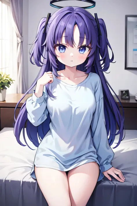 yuuka, blue eyes, halo, purple hair, two side up, long hair, blue short shirt, no wearing pants, bedroom, medium breast