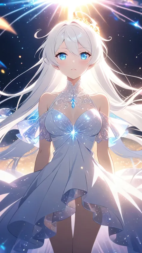A beautiful young woman with long white hair falling gracefully from the sky, wearing a flowing white dress with a symmetrical, highly detailed face, surrounded by translucent multicolored glitters in a soft, dreamy, and dramatic lighting at golden hour, e...