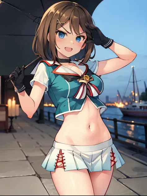 best quality, integrated scenery, integrated background, extremely delicate and beautiful, meticulous details, good composition, , cute face, perfect face, perfect hands,an anime style ,1young_teen_ girl, , brown_hair, medium_bob_hair, blue_midriff_baring...
