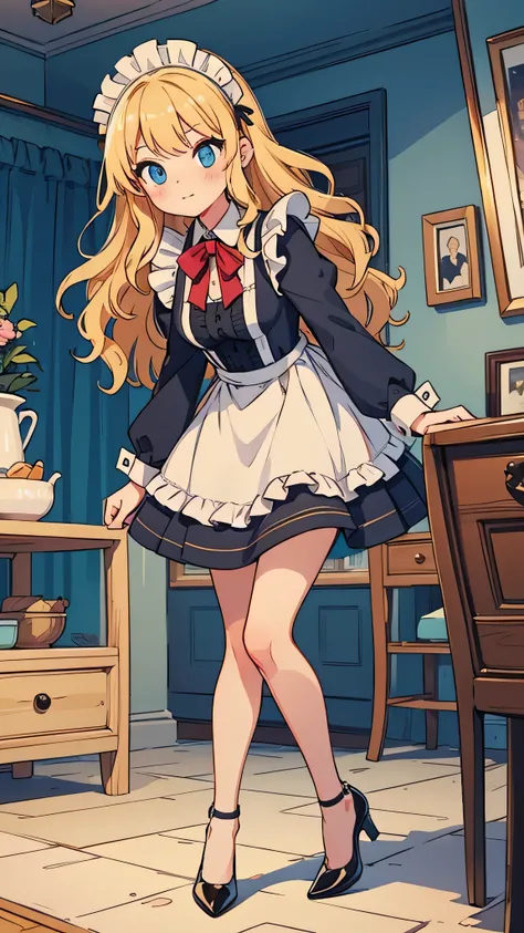 a woman in a mansion, wavy blonde bust-length hair, blue eyes, modest breasts, short ruffled maid dress, black heels