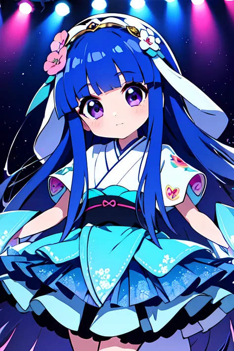 (rika furude), blue hair, purple eye, long hair, blunt bangs, bangs, , chibi, woman, alone, japanese idol costumes, idol dress, ...