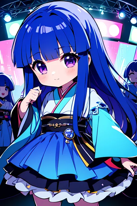 (rika furude), blue hair, purple eye, long hair, blunt bangs, bangs, , chibi, woman, alone, japanese idol costumes, idol dress, ...