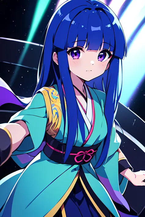 (rika furude), blue hair, purple eye, long hair, blunt bangs, bangs, childhood, woman, alone, japanese idol costumes, idol dress...