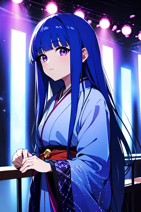 (rika furude), blue hair, purple eye, long hair, blunt bangs, bangs, childhood, woman, alone, japanese idol costumes, idol dress...