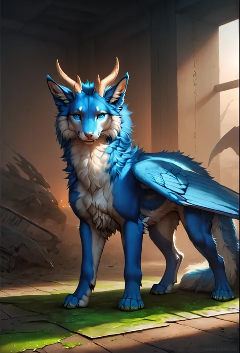 darra, female, full body,feral, furred dragon, female, white and blue fur with green blood stains on the fur, wings, horns, tail...