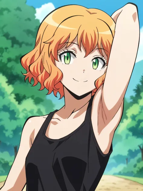 score_9, score_8_up, score_7_up, source_anime, anime screencap, outdoors, day, forest, kurahashi hinano, orange hair, short hair, green eyes, tank top, black tank top, collarbone, looking at viewer, head towards viewer, bare shoulders, bare arms, arm behin...