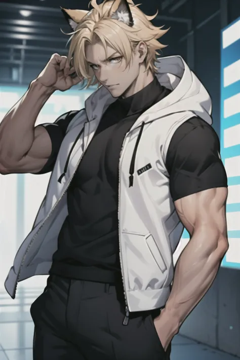 adult MAN, blonde messy hair, golden eyes, cat ears, cat tail, sleeveless white hooded jacket, black t shirt, black cargos, red scarf, semi muscular, anime