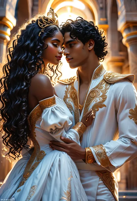 Novel in celestial letscape, wedding of (((a beautiful celest royal couple darkskin))), a young dark hair man and a young white hair woman, in 18s, a young celest pharaon veautiful with black curly hair with his (((young brown skin queen very beautiful wit...