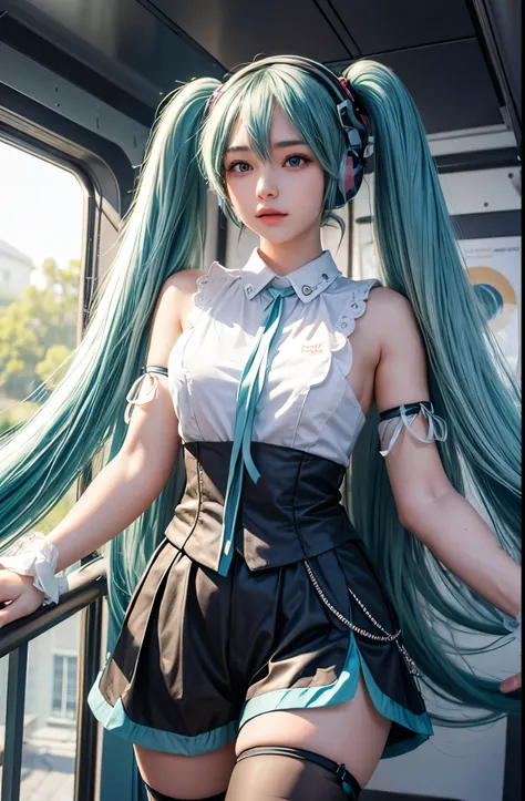 (masterpiece</input></>, Best Quality</input></>), Intricate details,
One Girl, miku hatsune, Ahoge, Light blue eyes, Aqua Hair, Crossed Bangs, Hair between the eyes, Hair accessories, Headphones, Long Hair, Twin tails,Tube tops, Demin shorts, In an adva...