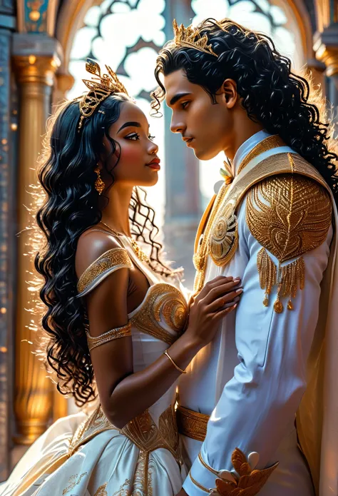 Novel in celestial letscape, wedding of (((a beautiful celest royal couple darkskin))), a young dark hair man and a young white hair woman, in 18s, a young celest pharaon veautiful with black curly hair with his (((young brown skin queen very beautiful wit...