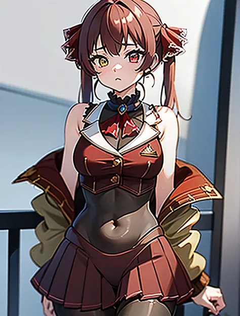 marine houshou, red hair, twintails, heterochromia, red eyes, yellow eyes, hair ribbon,
bare shoulders, brown leotard, brown thighhighs, covered navel, cropped jacket, grey shirt, jacket, leotard, leotard under clothes, pleated skirt, red jacket, red ribbo...