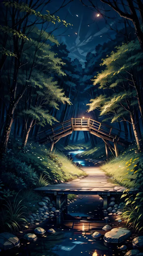 A wooden bridge crossing a quiet stream, with fireflies glowing around.