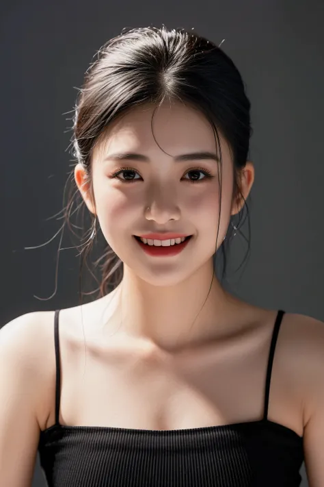 arafed asian woman with a black top and a smile on her face, young cute wan asian face, beautiful young korean woman, gorgeous young korean woman, smiling fashion model face, young adorable korean face, detailed face of a asian girl, soft portrait shot 8 k...