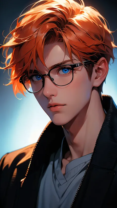 ((masterpiece)), envision a 8k, highres, cinematic, semi realistic, detailed, close up portrait of a sharp boy, slender body, messy short orange hair, blue eyes, glasses, long sleeved shirt,, (((1boy))), in dark lighting, against a dark background