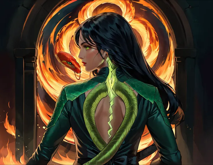 Arafed, Dark fantasy art, fantasy art, goth art, a picture of a tattoo of a green snake on the back of a female elf, a glowing tattoo of a ((green snake: 1.3)) on the elfs back, the tattoo is vivid, intricate detailed, ((fire surrounds the snake: 1.5)), sh...