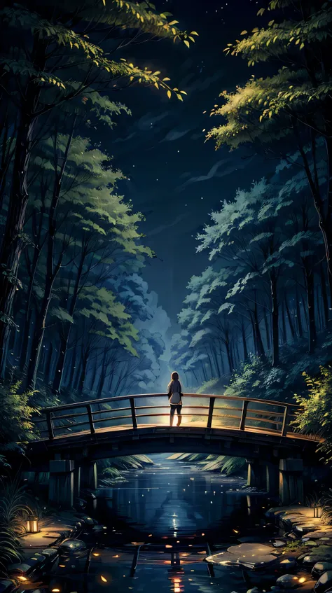 A wooden bridge crossing a quiet stream, with fireflies glowing around.