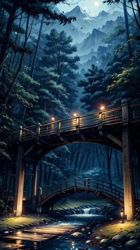 a wooden bridge crossing a quiet stream, with fireflies glowing around.