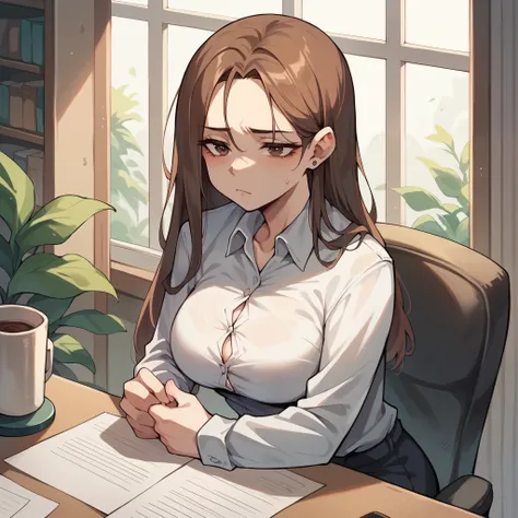 an older woman in her 30s with long brown hair and brown eyes storms is in her office. she looks very tired.