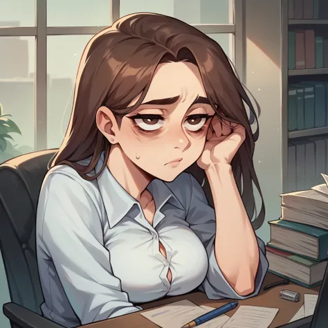 an older woman in her 30s with long brown hair and brown eyes storms is in her office. she looks very tired with bags under her eyes. setting: Office.