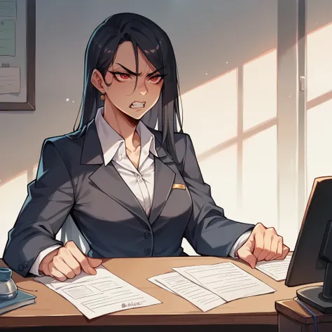 a woman in her 30s in civilian clothes has long black hair and red eyes. she is angry while she is in your office.