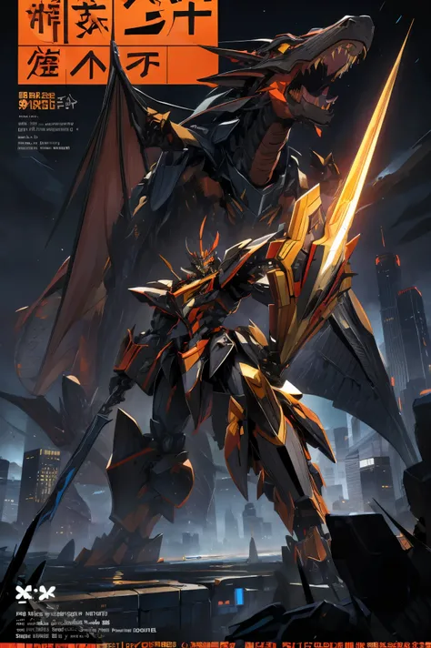 (magazine cover:1.3), majestic dragon mecha, weapon, shield, black and gold, city skyline