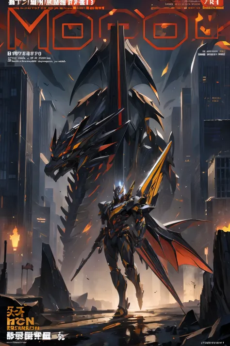 (magazine cover:1.3), majestic dragon mecha, weapon, shield, black and gold, city skyline