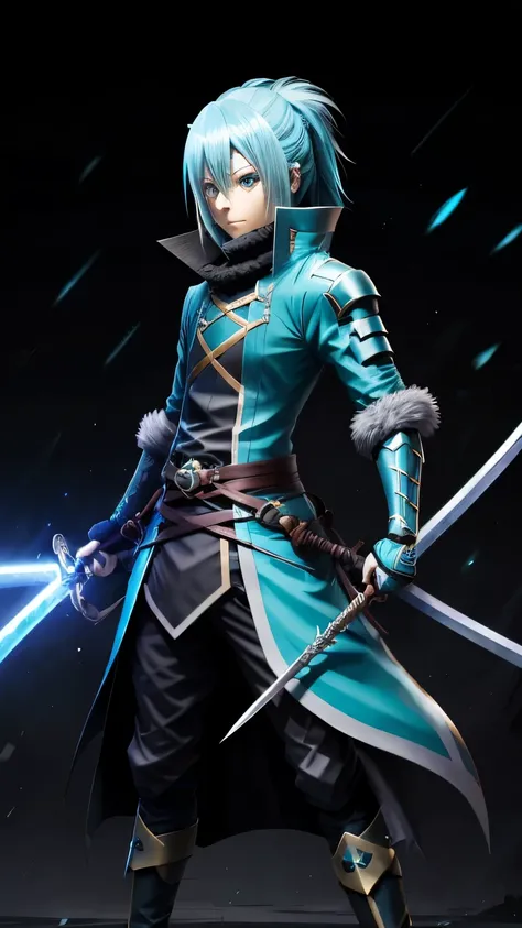 Rimuru Tempest, anime character with blue hair and sword in hand,, sao style anime, masamune shiro, inspired by Kamisaka Sekka, holds a black sword, okata kazuto, aqua from konosuba, with large sword, fullbody rpg portrait, ( ( character concept art ) ), o...