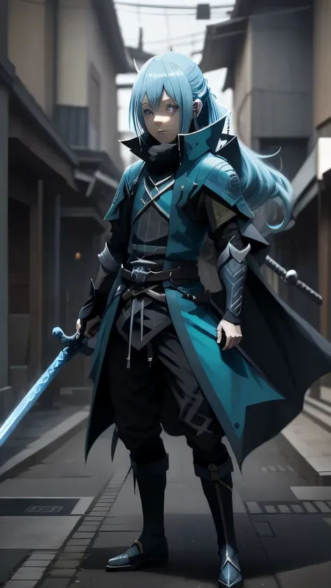 Rimuru Tempest, anime character with blue hair and sword in hand,, sao style anime, masamune shiro, inspired by Kamisaka Sekka, holds a black sword, okata kazuto, aqua from konosuba, with large sword, fullbody rpg portrait, ( ( character concept art ) ), o...