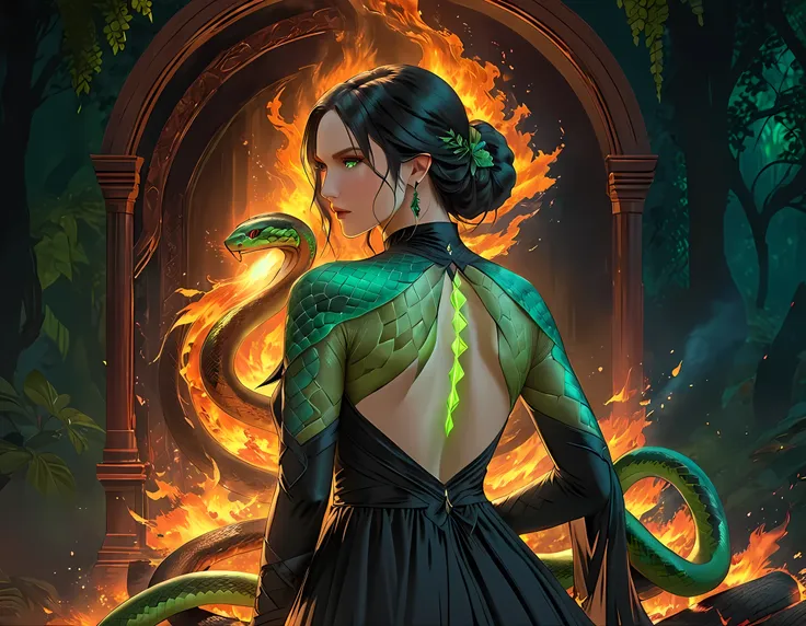 Arafed, Dark fantasy art, fantasy art, goth art, a picture of a tattoo of a green snake on the back of a female elf, a glowing tattoo of a ((green snake: 1.3)) on the elfs back, the tattoo is vivid, intricate detailed, ((fire surrounds the snake: 1.5)), sh...