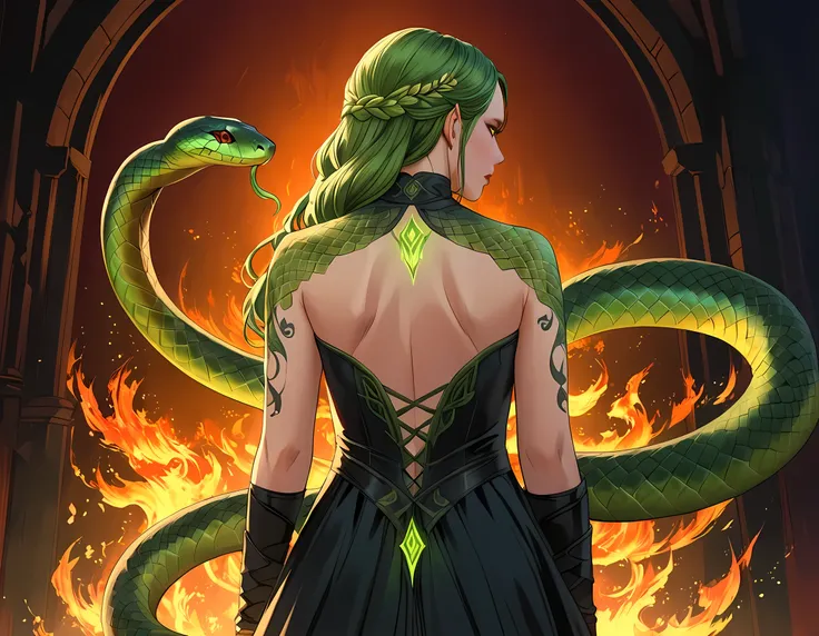 Arafed, Dark fantasy art, fantasy art, goth art, a picture of a tattoo of a green snake on the back of a female elf, a glowing tattoo of a ((green snake: 1.3)) on the elfs back, the tattoo is vivid, intricate detailed, ((fire surrounds the snake: 1.5)), sh...