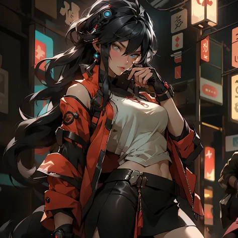 ((best quality)), ((Masterpiece)), ((Enrich the picture，Masterpiece level quality)), an image of a beautiful cyberpunk female, mature woman, fierce woman, cyberpunk theme, cyberpunk, fantasy, medieval, ((black hair, long hair)), beautiful golden eyes, supe...